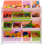 Amazon Basics Kids Toy Storage Organizer with 12 Plastic Bins, White Wood with Pink Bins, for Bedroom and Playroom, 10.9" D x
