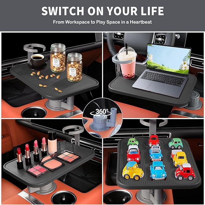 Car Tray & Car Desk for Laptop, 360° Rotating Wood Cup Holder Table,Aluminum Cantilever Laptop Mount for Vehicle,Steering Wheel Tray,Fits for Tesla Model Y/3/S,Camry Forester F150 Tundra&Most Vehicles