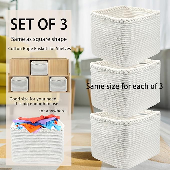 COMFY-HOMI 3Pack Small Woven Cotton Rope Basket for Organizing, Gift Baskets for Handles, Empty Gift Baskets, Medium Rope Bas