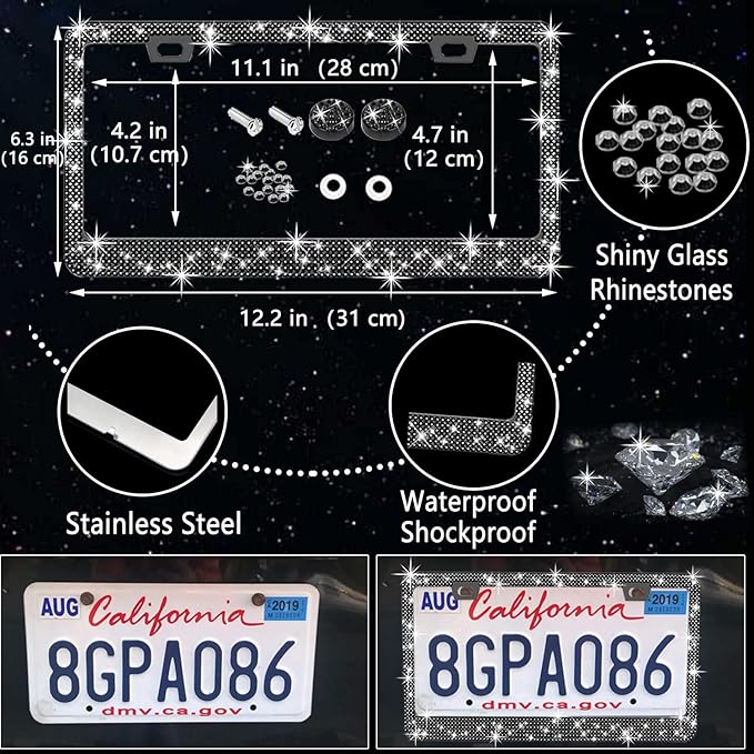 NBTEPEM 27 PCs Black Bling Car Accessories Set for Women, Steering Wheel Covers Universal Fit 15 Inch, Bling License Plate Frame, Bling Phone Holder, Bling Car Coasters (Black Diamond)
