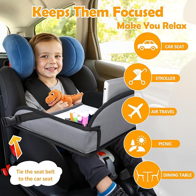 Kids Travel Tray for Toddler Carseat, Road Trip Activities Essentials for Toddler, Kids Lap Desk Tray with Tablet Holder Stand ＆ Dry Erase Board (Grey)
