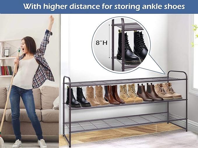 KEETDY Long 3 Tier Shoe Rack for Closet Wide Shoe Storage Organizer Stackable Metal Shoe Shelf for 24 Pairs Men Sneakers with