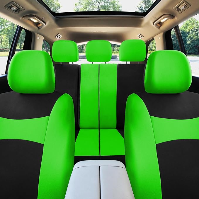 Automotive Seat Covers Green Universal Fit Combo Set with Steering Wheel Cover and Seat Belt Pad fits most Cars, SUVs, and Tr