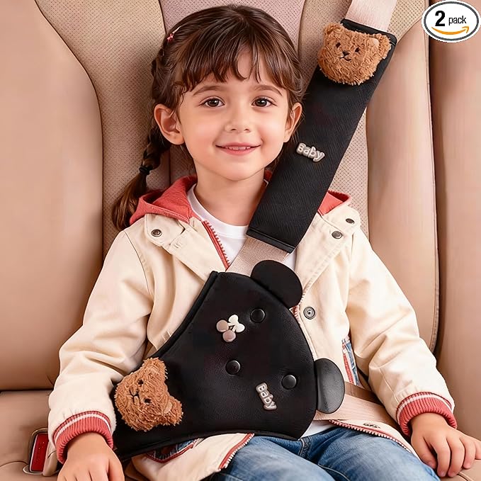 Seat Belt Cover Pad for Kids, Cute Animal Child Seatbelt Covers for Girls and Boys (Bear(Black))
