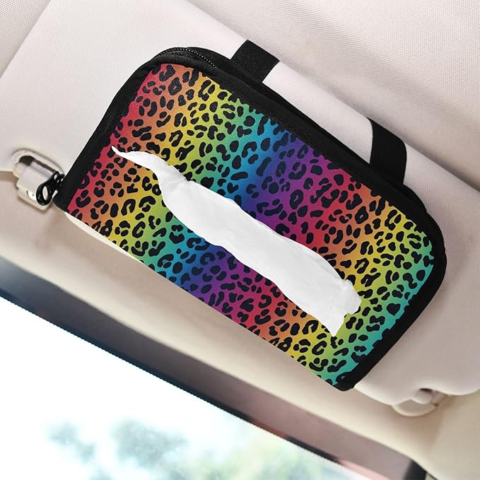 Car Tissue Holder Car Visor Organizer Tissue Box Holder for Car Sun Visor Organizer with Car Vehicle Accessories Essentials Interior for Women Men Rainbow Leopard Print