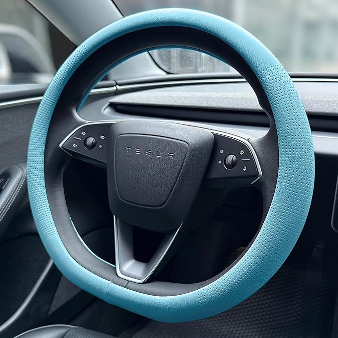 PINCTROT Nappa Leather Steering Wheel Cover for Tesla Model Y/3 Highland/Juniper, D Shaped 14 Inch Small Sized with Breathabl