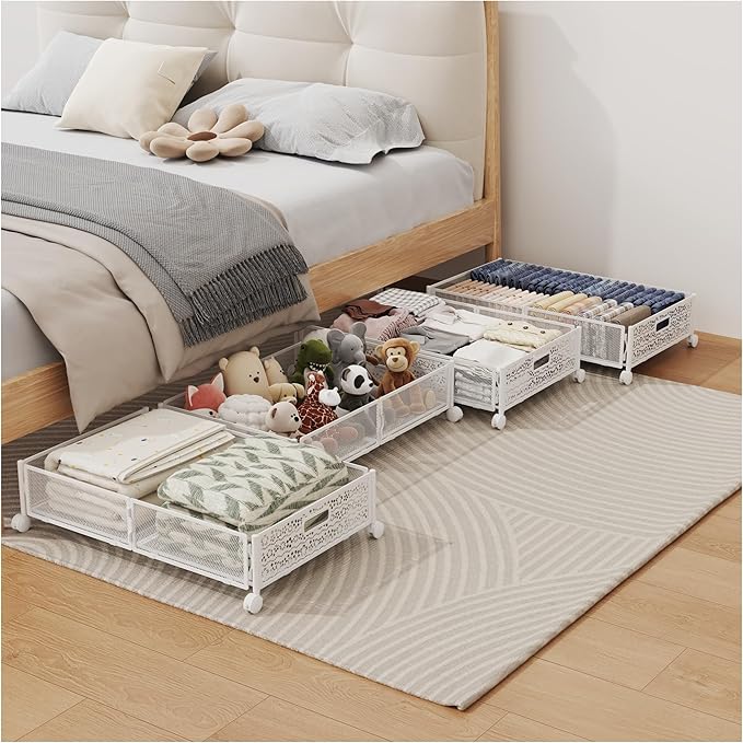 Under Bed Storage with Wheels, Foldable Pattern Carved Metal Under The Bed Storage, Tool-Free Assembly Under The Bed Storage 