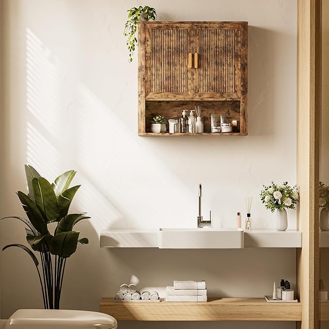 INNOD Bathroom Wall Cabinet, Wall-Mounted Medicine Cabinet with Adjustable Wood Shelf & Doors, Floating Bathroom Cabinet Over