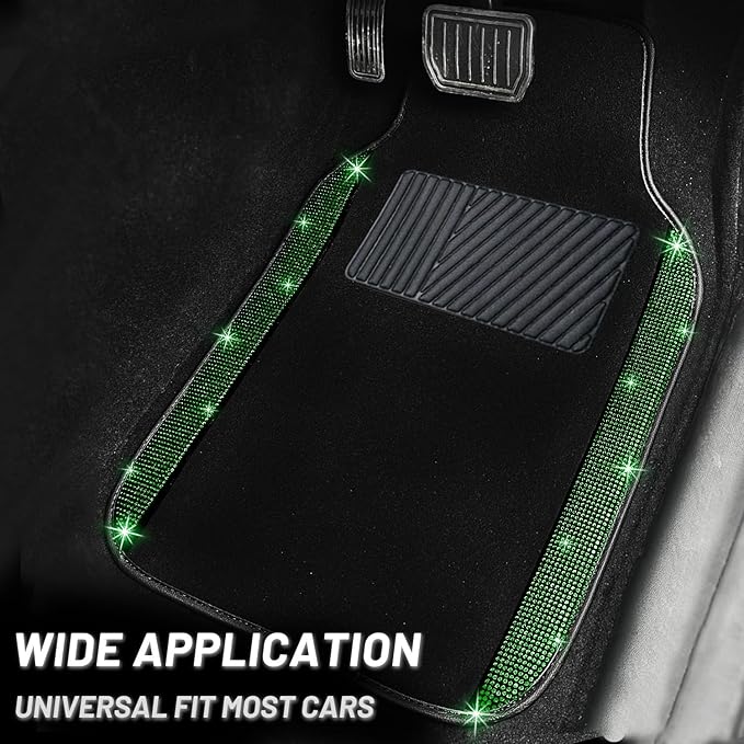 NBTEPEM Bling Car Floor Mats Full Set and Steering Wheel Cover, Universal Fit Most Cars, 4 pcs Sparkle Glitter Diamond Carpet, 5 pcs Bling Car Accessories Set for Women (Green Diamond)