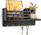Rebee Vision Pine Wood Key Holder Wall Mount - Farmhouse Key Holder for Wall with Floating Shelf & 6 Hooks - Mail Organizer f