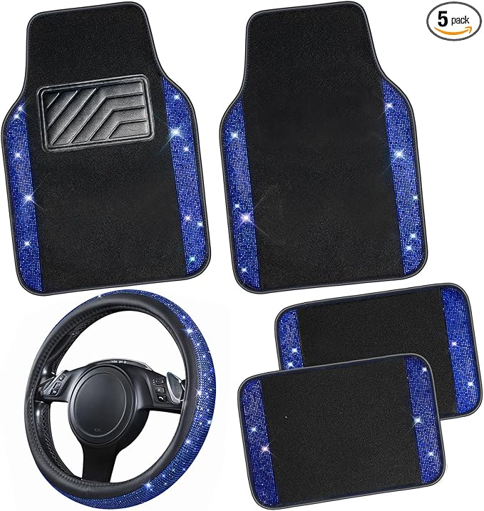 CAR PASS Bling Diamond Leather Steering Wheel Cover 14.5in-15in Floor Mats Shining Rhinestone Carpet Sparkly Glitter Crystal Anti-Slip Pad Fit Automotive SUV Pickup Truck Girl Women, 5pcs Black Blue