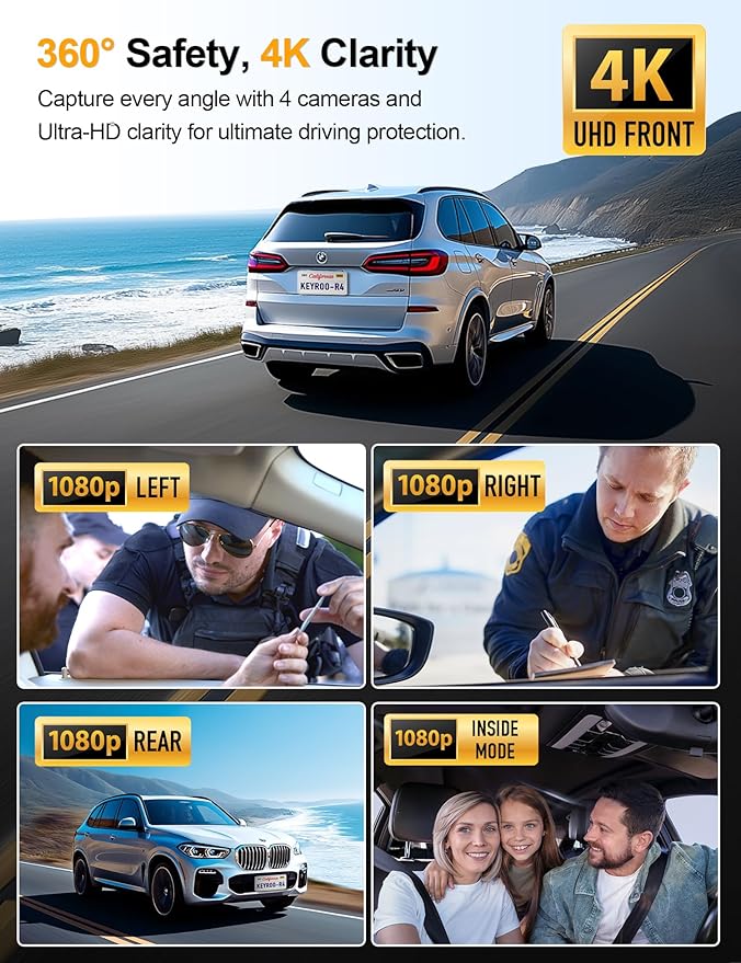 360° View 4K 4 Channel Dash Cam Front and Rear Inside Left Right, Built-in GPS, 5.8GHz WiFi, Car Dash Camera for Cars with Ap