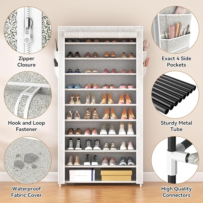ROJASOP 10 Tier Shoe Rack with Covers Large Capacity Stackable Tall Shoe Shelf Storage for 50-55 Pairs Shoe and Boot, Sturdy 