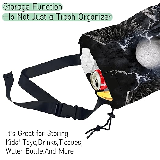 Skull Lightning Car Garbage Bag,Waterproof Small Car Trash Bag Hanging Back of Seat,Drawstring Hanging Car Trash Bag with Adjustable Buckle for Car Accessories