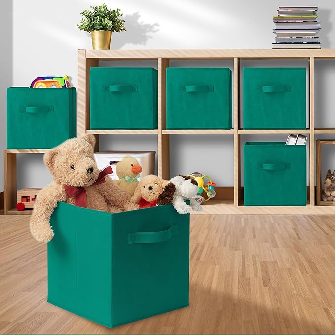 Casafield Set of 6 Collapsible Fabric Cube Storage Bins, Teal - 11" Foldable Cloth Baskets for Shelves, Cubby Organizers & Mo
