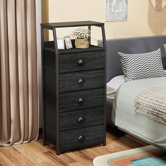 Furnulem Black Dresser with 5 Drawers, Vertical Storage Tower Fabric Dresser for Bedroom, Hallway, Entryway, Nursery, Closet 