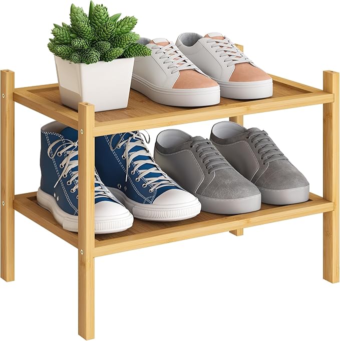 BMOSU 2-Tier Bamboo Small Shoe Rack Premium Stackable Shoe Shelf Storage Organizer for Hallway Closet Living Room Entryway Or