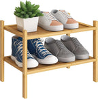BMOSU 2-Tier Bamboo Small Shoe Rack Premium Stackable Shoe Shelf Storage Organizer for Hallway Closet Living Room Entryway Or