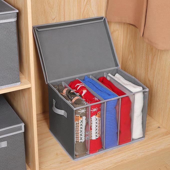 Zilink Upgraded Sweater Organizer for Shelf with Lids and Support Boards Clothes Organizer for Closet with 5 Grids Divider Sw