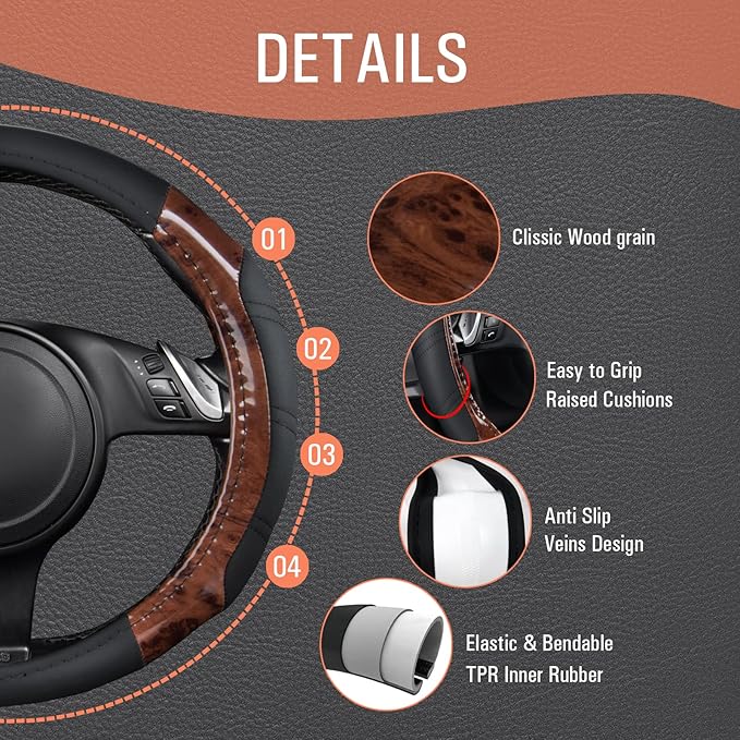 CAR PASS Wood Grain Microfiber Leather Sporty 14.5-15 inch Steering Wheel Cover Universal Fits for 95% Truck,SUV,Cars, Anti-S