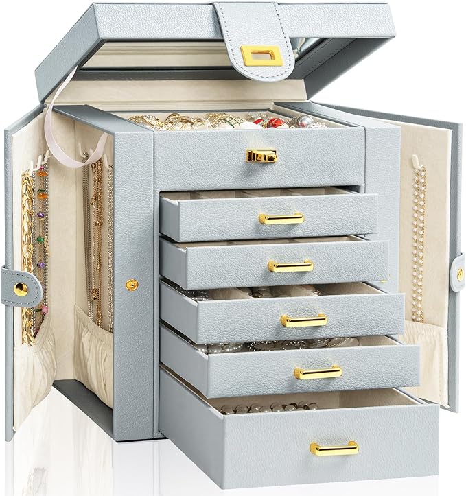 AKOZLIN Functional 6-Tier Jewelry Box Organizer with 5 Drawers Leather Jewelry Storage Case for Women Girls Ring Necklace Ear