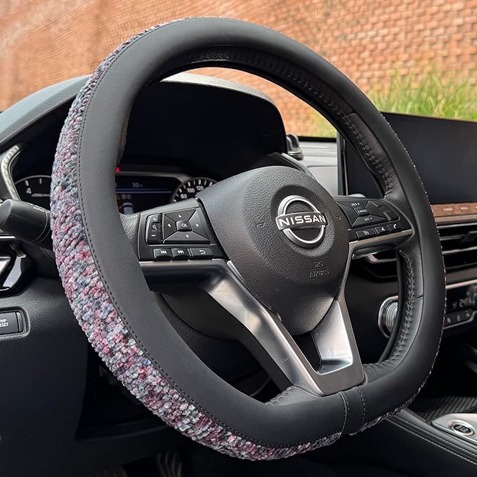 PINCTROT D Shaped Chenille Leather Steering Wheel Cover, Soft Mottled Colors, Sweat-Proof, Non-Slip Grip, All-Season Comfort,