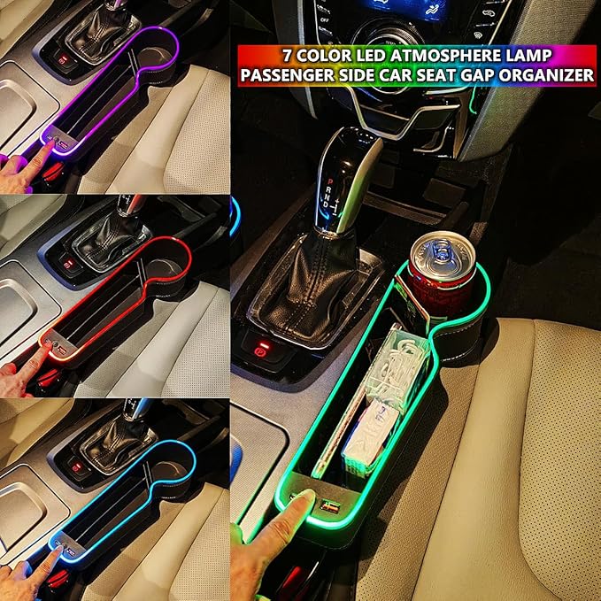 7 Color Led Car Seat Gap Filler Organizer Car Seat Pocket Gap Filler with USB+C Fast Charger,Car Gap Organizer Storage 2023 Console Side Seat Gap Filler fit for Passenger Side(Black-passenger side)