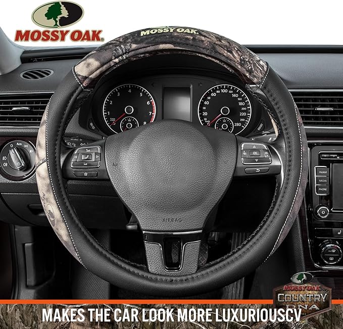 Mossy Oak Camo Steering Wheel Cover - PU Leather and Cotton Twill, Universal Fit 14 1/2 inches to 15 inches - Officially Lice