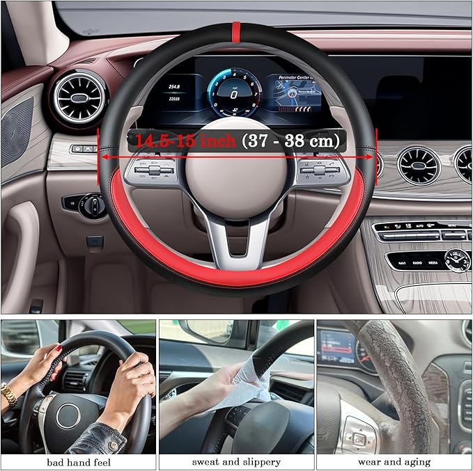 Black Red Car Steering Wheel Cover, Nappa Leather, Bottom Color Blocking, Universal 14.5-15 Inch Leather Anti-Slip Breathable