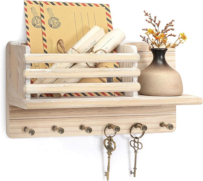 Rebee Vision Farmhouse Pine Wood Key Holder Wall Mount - Key Holder for Wall with Wooden Shelf & 6 Hooks - Mail Holder for Ru