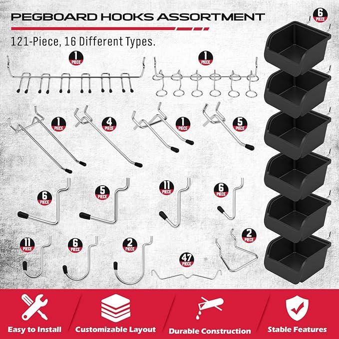 Ultimate 121-Piece Pegboard Hooks Set, Pegboard Accessories with Metal Hooks, Durable Peg Board Organizer Accessories, Pegboa
