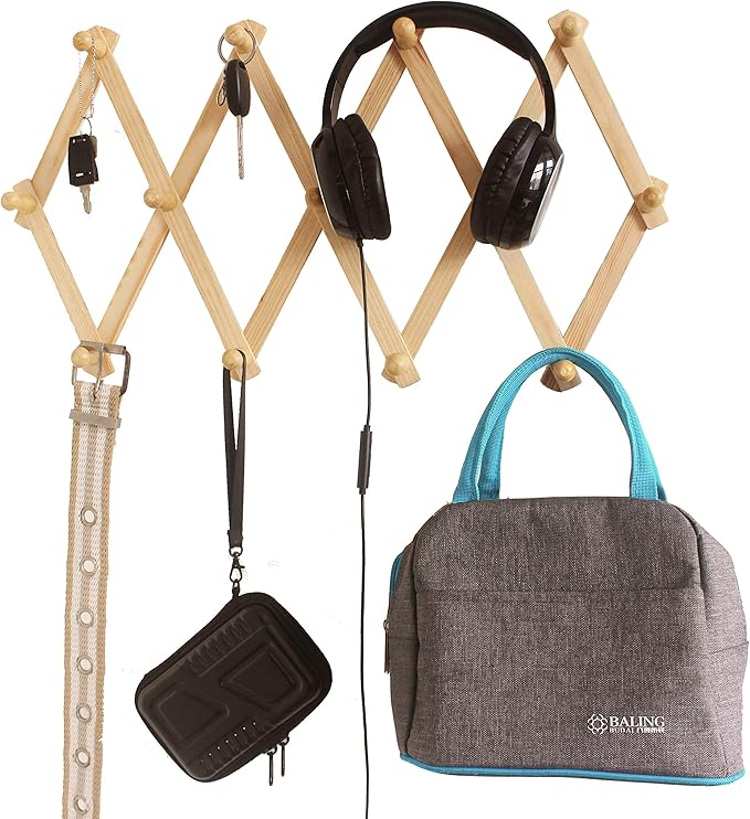 AMAPON Accordion Style Expandable Wall Wooden Coat Rack 13 Hooks (Pegs) Hang Hats Jackets Coffee Mug Purses Necklaces Towels 