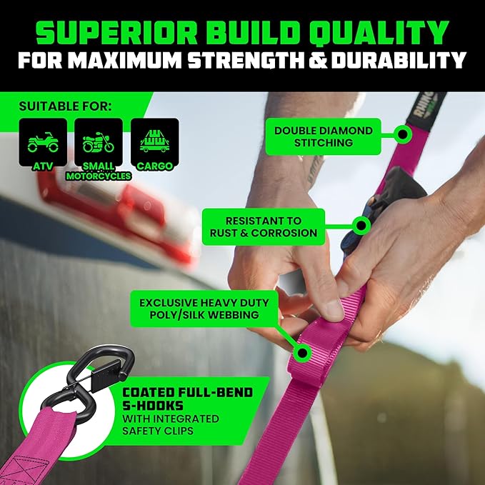 Rhino USA Retractable Ratchet Straps (2-Pack) - 1 Inch x 10 Feet (1,209lb Break Strength) - Auto Self Retracting Tie Down Straps for Truck, Cargo Trailer, Motorcycle, ATV, UTV - Pink