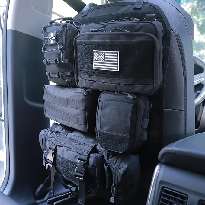 Universal Tactical Car Seat Back Organizer Bag Tactical Molle Vehicle Organizers Panel Vehicle Protector Organizers with 5 Detachable Pouches for Car (Upgraded C Black)