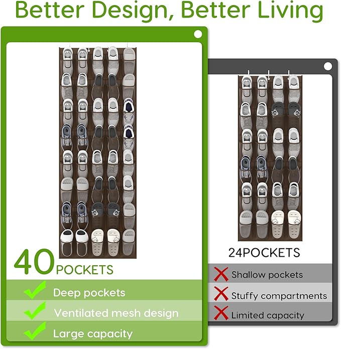 Unjumbly Over the Door Shoe Organizer with 40 Large Breathable Mesh Pockets, Space Saving Shoe Holder, Hanging Shoe Rack for 
