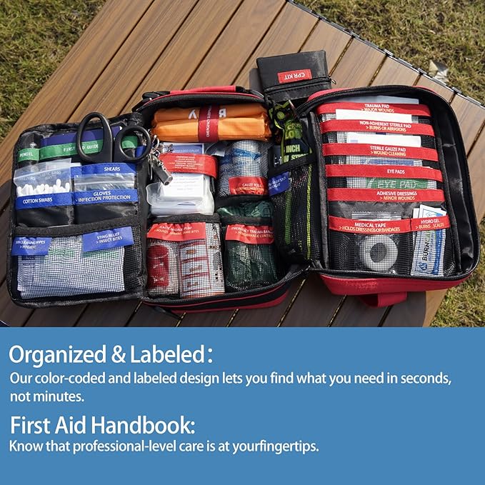 Comprehensive First Aid Kit for Home, Premium Emergency Trauma Kits with Shoulder Strap for Car Camping Gear, Waterproof Surv