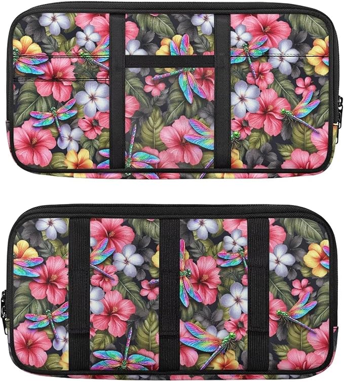 Dragonfly Floral Zippered Car Sun Visor Organizer Pens with Picture Holder Pouch for Electronics with Adjustable Straps and Multi-Pocket Easy Installation Universal Fit for Most Cars SUV