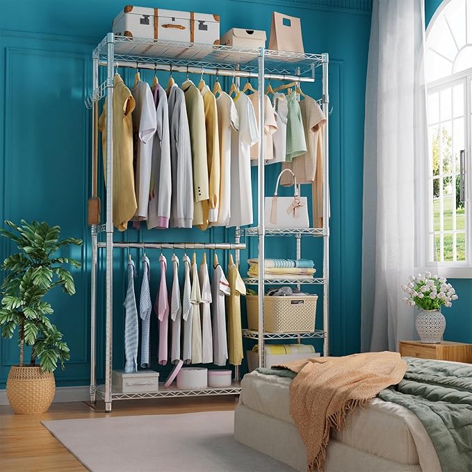 Simple Trending Heavy Duty Clothing Rack Loads 450 LBS, Garment Racks with Adjustable Shelves for Hanging Clothes, Metal Ward