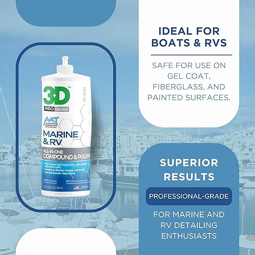 3D Marine & RV All-in-One Gel-Coat Compound & Polish – Removes Oxidation, Swirls, & P2000 Scratches, Deep Shine Wax Protection, No Fillers, 32oz