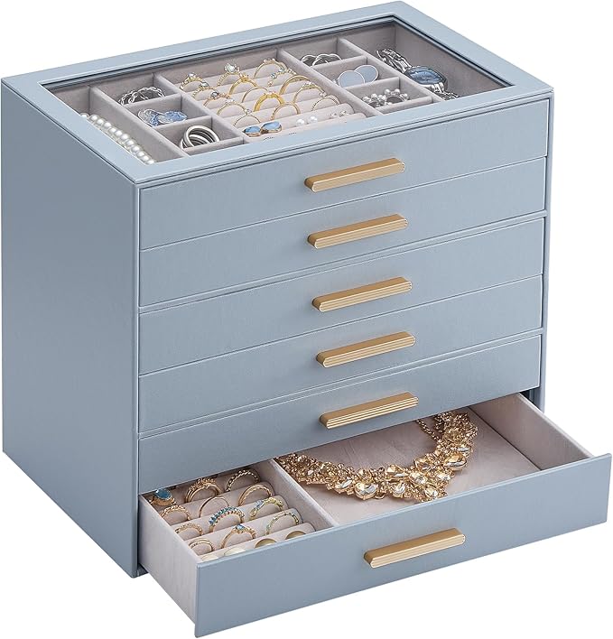 Lolalet Jewelry Box Organizer, 6-Layer Jewelry Organizers and Storage Case with Glass Lid, Ring Earring Bracelet Necklace Hol