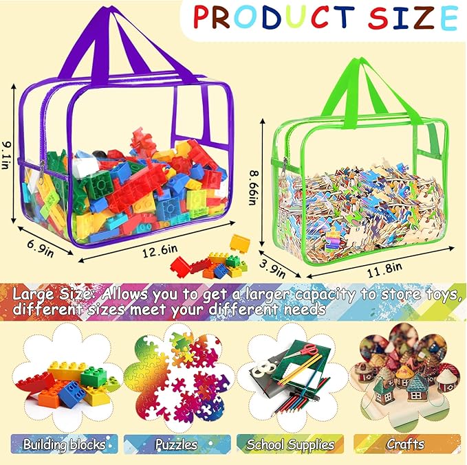 6 Colors Large Toy Storage Bags with Labels, Reusable Clear PVC Board Game Storage, Travel Waterproof Organizer Bags with Zip