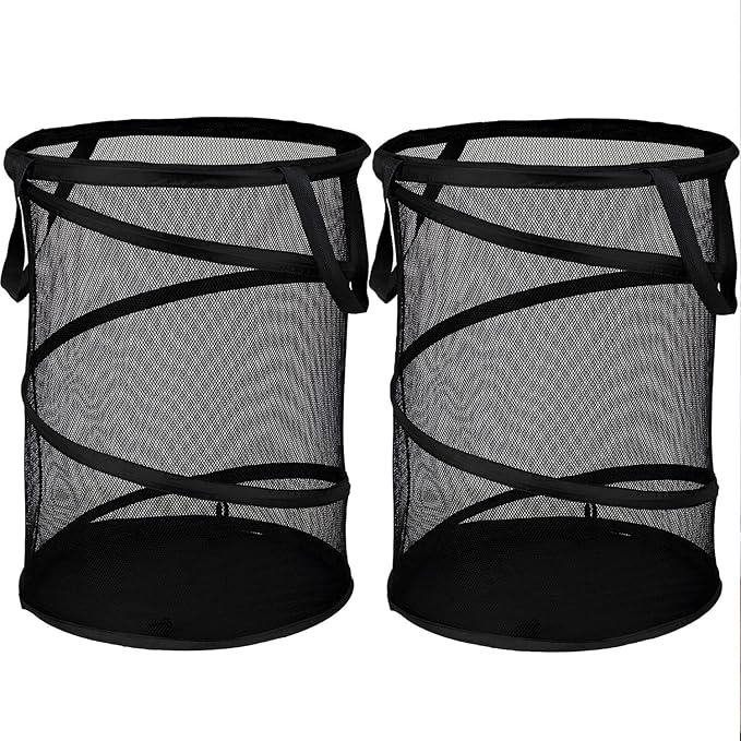 BATTOO 2 Pack Black Large Collapsible Laundry Basket Foldable Mesh Pop Up Hamper with Handles for Laundry Room, Bathroom, Kid