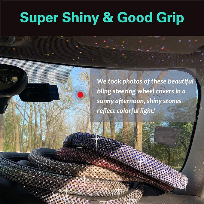 PINCTROT D Shaped Bling Comfy Steering Wheel Cover with Jumbo Crystal Rhinestones, Anti-Slip Diamond Leather, Flat Bottom 14.5-15 Inch (Black)
