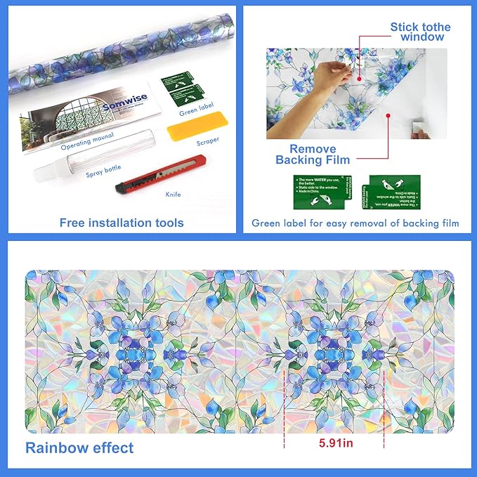 SOMWISE Rainbow Window Privacy Film,Heat Control,UV Blocking,Anti-Glare,Day & Night Privacy Protection & Decoration for Home, Bathroom,Glass Door,Static Cling,Renter-Friendly with Installation Tools