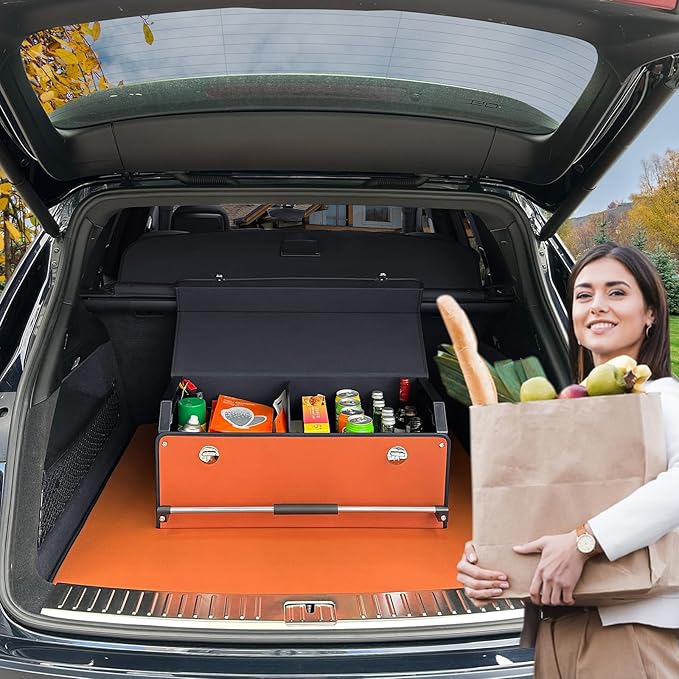 XCF Car Trunk Organizer for SUV, Collapsible Leather Car Storage Trunk Organizer with Lid and Sturdy Handle Car Trunk Leather