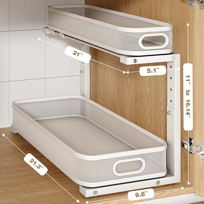 2 Pack 21.3IN-Depth Under Sink Organizer with Smooth Cylindrical Rail,2-Tier Pull Out Multi-Purpose Cabinet Storage for Bathr