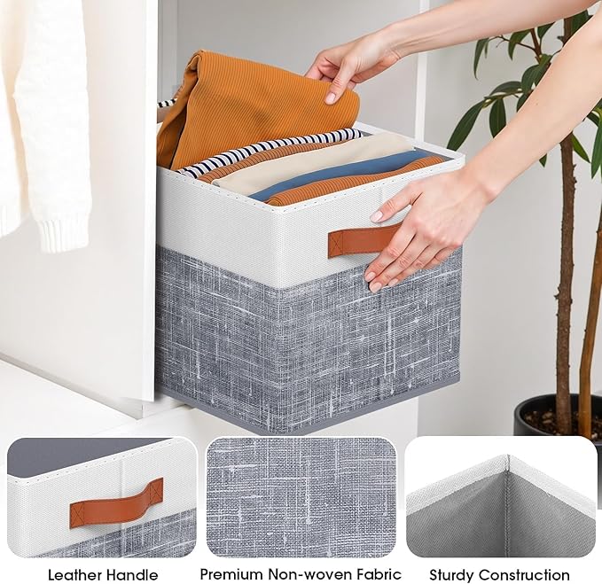 Fab totes Collapsible Storage Baskets for Shelves,14"x10", 4 Pack Foldable Fabric Storage Bins with Double Leather Handles, L