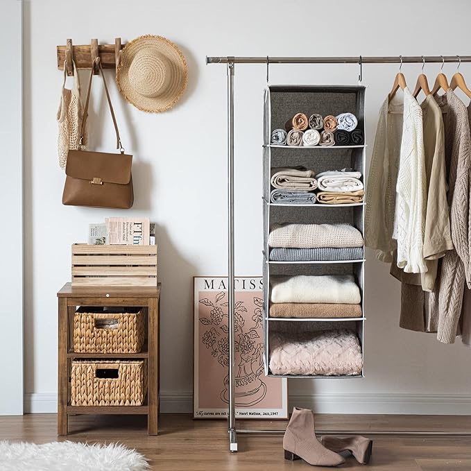 StorageWorks 5-Shelf Hanging Shelves for Closet, Foldable Hanging Closet Organizers with 2 Side Pockets, Portable Clothes Org