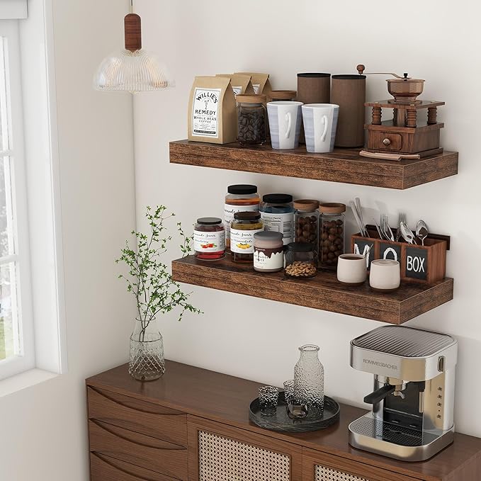 30 Inch Floating Shelves | 12 Inch Deep Brown Floating Shelves Set of 2 | 30" W x 12" D Rustic Wood Shelves for Wall | Deep B