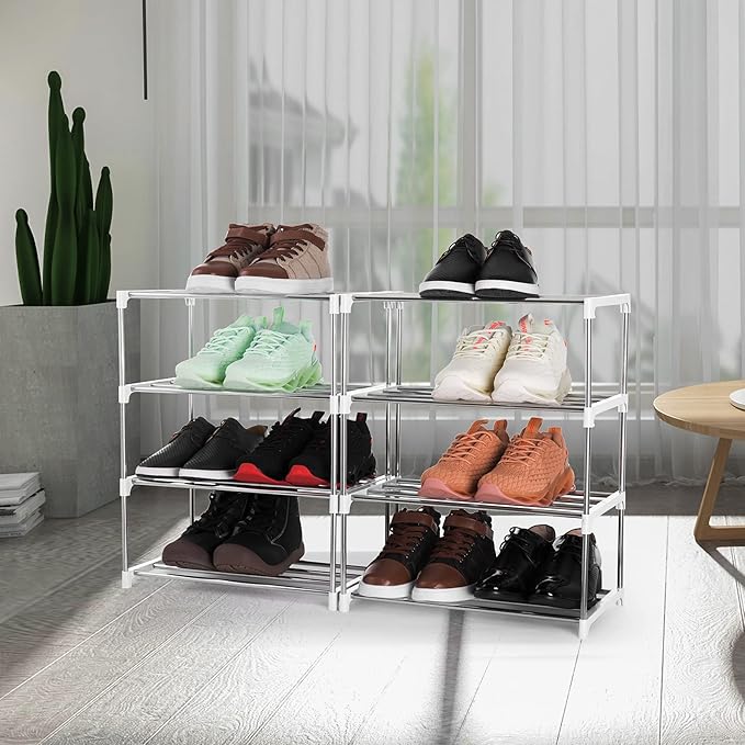 4-Tier Stackable Small Shoe Rack, Lightweight Shoe Shelf Storage Organizer for Entryway, Hallway and Closet(White)